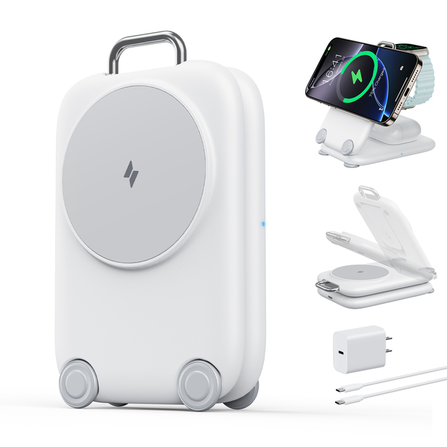 3 in 1 Foldable 15W Multifunction Wireless Charging Station Travel Case Style Fast Charger Dock