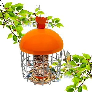 Outdoor Hanging Squirrel Proof/Baffle Metal Wire Cage Wild Bird Feeder With Double Feeding Ports Plastic Tube