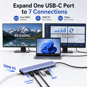 Hub <span class=keywords><strong>USB</strong></span> C 7 en 1 con Doble <span class=keywords><strong>HDMI</strong></span> 4K 60Hz, Estación de Acoplamiento Tipo C de 100W PD, Adaptador Multipuerto de Aluminio para MacBook y Laptop - Product Image 1