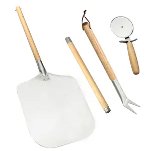 Ensemble d'outils à Pizza, manche en bois en caoutchouc détachable, pelle à Pizza en aluminium et fourchette à Pizza