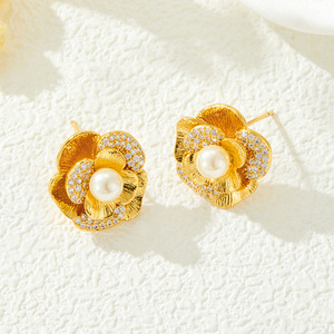Camellia Flower Stud <b>Earrings</b> Gold Plated Pearl Center S925 Silver <b>Posts</b> Elegant Fashion Jewelry For Women Daily Wear - Product Image 1