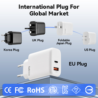 Pengisi Daya Cepat Ponsel & Laptop 65W 2-Port USB-C Lipat dengan Colokan UK, Dilengkapi QC3.0 & PD3.0, Pengisi Daya PD Portabel