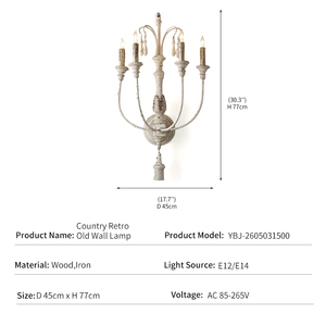 Lustre mural français en bois et fer, style shabby chic, pour villa de luxe, décoration de salon, lampe de chevet antique rétro, transfrontalier, 4 têtes - Product Image 4