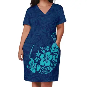 Vestido suelto de talla grande para mujer, ropa de fábrica personalizada, polinesian, Samoan, Puletasi, royal blue island