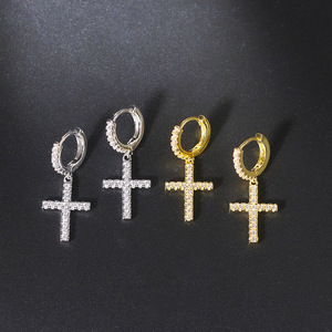 ¡Novedad de 2025! Pendientes colgantes chapados en joyería de Hip Hop, pendientes de aro con Cruz de circonita cúbica Micro pavé - Product Image 4