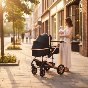 รถเข็นเด็ก 3-in-1 โครงอะลูมิเนียมอัลลอยด์ ที่จับ PU เบาะนั่งแบบพลิกกลับได้ มุมมองสูง พับเก็บได้ด้วยปุ่มเดียว ยางกันกระแทก สีดำ - Product Image 1