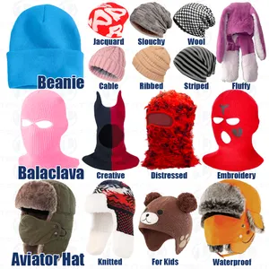 Grosir topi musim dingin kustom rajutan seluruh cetak bordir Logo akrilik masker Ski Balaclava Cuffed Beanie topi Aviator