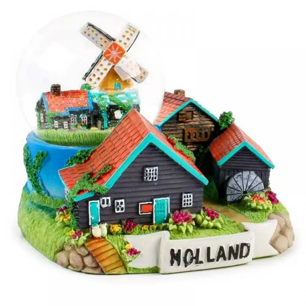 Custom Dutch Village Scene Met Water Globe De Noord Holland Torenmolen De Reiger 3d Miniatuur Dorp Met Huis Sneeuwbol