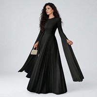 Robe de soirée noire unie pour femme, col rond, manches évasées fendues, coupe trapèze, taille naturelle, plissée, fluide, tricotée, lavable