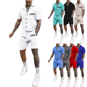 Recién llegado, conjuntos cortos de verano para hombre, camisa de manga corta sólida de 2 piezas y conjuntos cortos informales de dos piezas para hombre, ropa para hombre <span class=keywords><strong>2023</strong></span> - Product Image 1