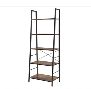 סולם מדף ספרים 5-Tier תעשייתי בודד גבוה עץ ומתכת מסגרת מדף צר שינה וסלון - Product Image 1