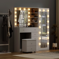 Ensemble table de maquillage moderne en MDF rose coiffeuse à 13 tiroirs miroir sur pied éclairé par LED pour la chambre à coucher et le salon