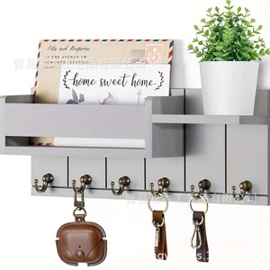 Wooden Wall Mounted Key Rack With <b>Hooks</b> And Shelves Farmhouse Style Entryway Kitchen Living Room Storage Organizer - Product Image 5