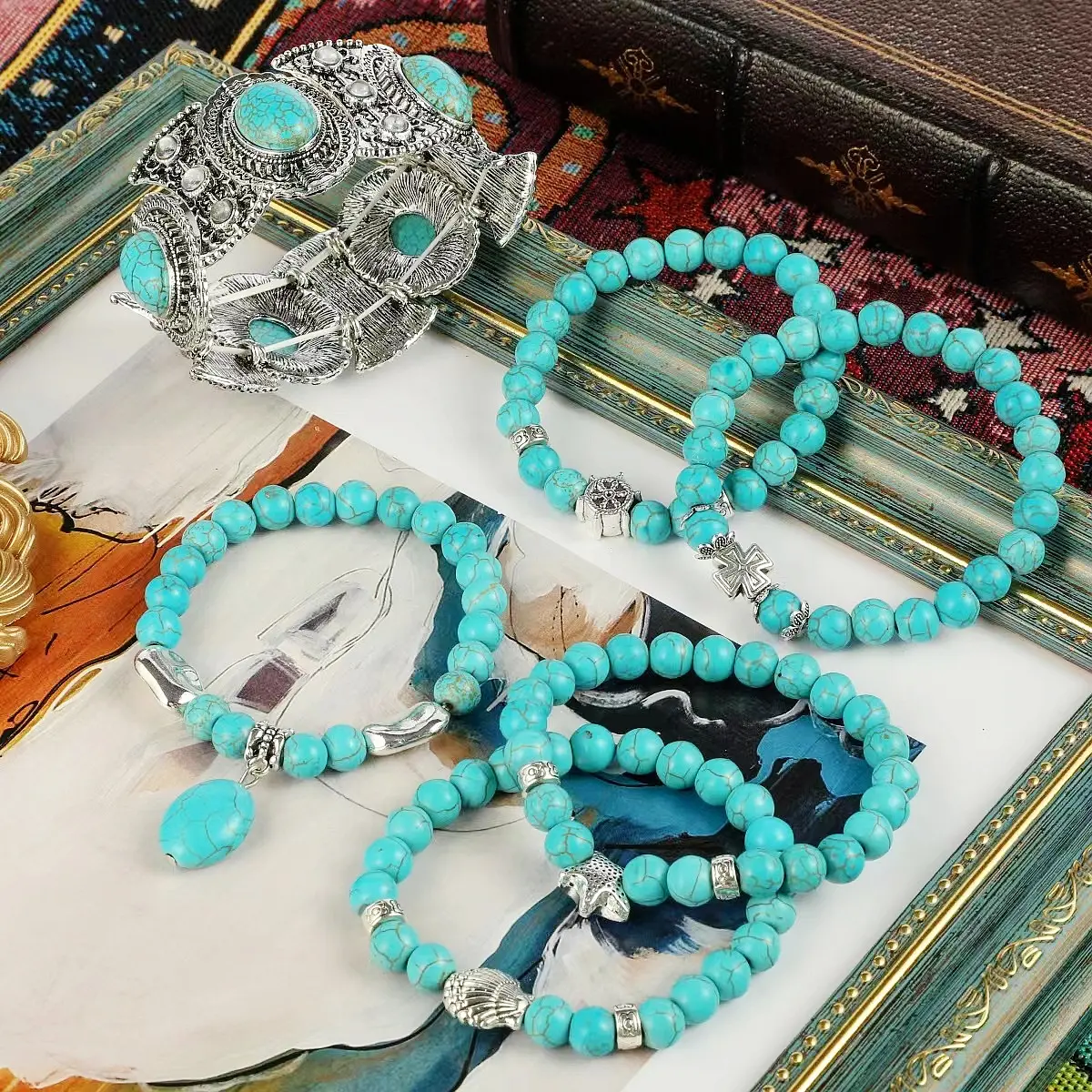 Turquoise Bohemian Perhiasan Gelang Wanita dengan Shell Starfish Kupu-kupu Owl Pohon Kehidupan Mata Jahat Gelang Manik-manik