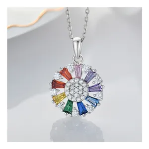 Mode personnalisée 925 Sterling Silver Circle Rainbow Crystal Quartz Pendentif Collier pour dame