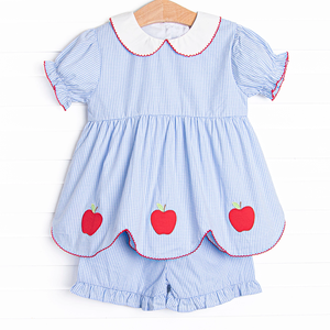 Personnalisé retour à l'école bleu vichy Seersucker bébé vêtements ensembles filles poupée collier pomme Applique coton fille bambin tenues - Product Image 5