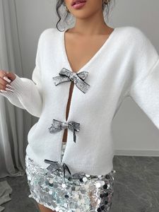 여성용 패셔너블한 루즈핏 긴팔 니트 가디건 스웨터, 리본 모양의 스팽글 장식 - Product Image 2