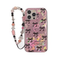 Coque nœud papillon de style coréen pour iPhone 16 Pro Max 15 14/13 7 Plus Design d'ondulation d'eau rose avec artisanat en galvanoplastie pour fille