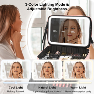Relavel Trousse de maquillage de voyage avec miroir éclairé <span class=keywords><strong>rechargeable</strong></span> 3 lumières de couleur Organisateur de cosmétiques pour femmes <span class=keywords><strong>Cuir</strong></span> Rose - Product Image 4