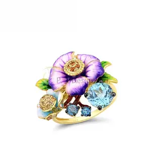 P.J. Design Enamel Flower 925 Sterling Silver w/ Yellow Black Plating Ring Blue Glass,Blue Spinel Enamel Yellow Nano CZ (Ci