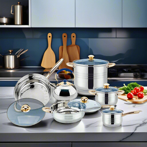 Juego de Utensilios de Cocina de Acero Inoxidable de 12 Piezas con Tapas de Vidrio Azul y Asas de Cobre, Compatible con Inducción, Utensilios de Cocina de Primera Calidad - Product Image 3