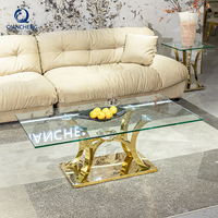 QIANCHENG miroir or table basse salon verre trempé acier inoxydable italin luxe fibre de verre restaurant table centrale
