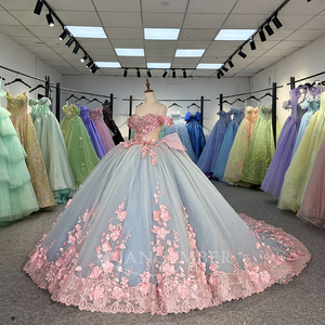 Jancember 1304 Abito da Sera Principessa <span class=keywords><strong>Rosa</strong></span> Blu con Spalle Scoperte <span class=keywords><strong>e</strong></span> Decorazioni Floreali - Product Image 2