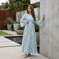 Nouvelles Arrivées Robe Longue Abaya Élégante et Respirante pour Femme avec Superposition de Dentelle Florale, Ceinture, Manches Évasées, Robe de Soirée Modeste, Quatre Saisons