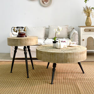 Meubles de salon, nouvelle table basse ronde rustique, petite, en bois sculpté, plateau en métal, base en fer, décorative, durable, facile à assembler - Product Image 4