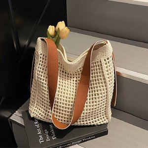 Bohemian Crochet Shoulder <b>Bag</b> With Hollow Out Pattern Two Straps Open Closure <b>Summer</b> Women's Tote <b>Bag</b> - Product Image 1