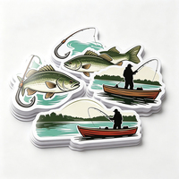 Autocollants de pêche en plein air en vinyle PVC blanc, motifs de silhouettes de pêcheurs, hameçons, cannes à pêche, lacs, bateaux, graphiques brillants, imperméables et résistants aux intempéries
