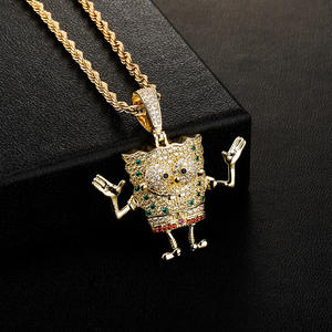 Mode Kartun Sponge Bob Celana Persegi Bertatahkan Zirkon Liontin Hip Hop Street Trend Kalung Perhiasan - Product Image 3