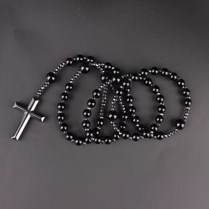 Supporto personalizzato religioso nero onice africano turchese ematite tigre pietra occhio di preghiera perline benedizione collana croce cristiana - Product Image 4