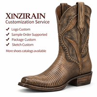 Bottes de cowboy western personnalisées Xinzirain pour hommes, aspect reptile marron, bout carré, à enfiler, mi-mollet, talon bas
