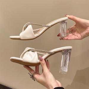 Women Pleated One Strap Slide Sandals <b>Clear</b> Block Heels Rhinestone Decor Open Toe Fashion Outdoor Mules - Product Image 5