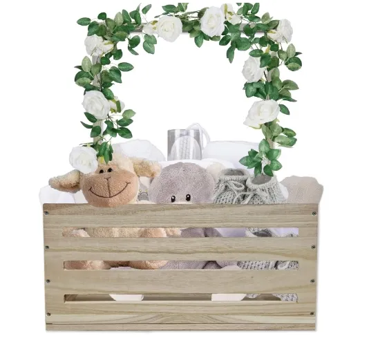 Eco-Friendly Wooden Baby Shower Crate Closet Portable Cosmetic Storage Hamper with Handle Includes Cartons Packaging