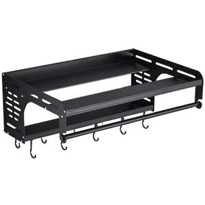 Étagère murale pour micro-ondes en argent, simple niveau, robuste, avec crochets pour ustensiles et serviettes - Product Image 3