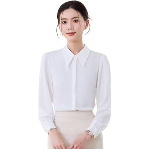 White Long Sleeve Shirt Women Professional Work Blouse Solid Color Poplin Fabric Button Front Elegant Office Wear - Product Image 5