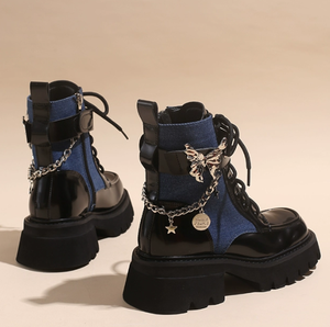 Botines de Mujer con Punta en Pico, Tacón Grueso, Diseño de Mariposa Abi, Estilo Británico Urbano, Vaqueros que Aumentan la Estatura - Product Image 3