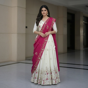 LAHENGA CHOLI DUPATTA en soie Chinon avec broderie de fils et de sequins, style moderne, longueur ras du sol, prêt-à-porter - Product Image 1