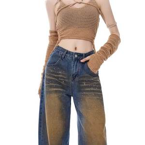 American Spice Girls Hot Drill <span class=keywords><strong>Jeans</strong></span> pour femme, nouveau design, décontracté, coupe droite, ample, jambe large, en denim lavable, style urbain - Product Image 3