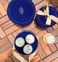 Bougeoirs ronds en velours bleu et feuille d'or boîte à bougies emballage boîte-cadeau de bougie de luxe avec couvercles et ruban