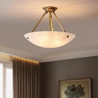 Lustre Européen de Luxe en Cuivre Pur avec Dôme en Albâtre Naturel Espagnol, Luminaire de Plafond en Marbre pour Hall d'Entrée, Chambre et Salle à Manger