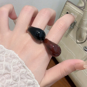 Joyería minimalista gota de agua goteo francés anillo abierto geométrico vino rojo esmalte anillo 18K chapado en <span class=keywords><strong>oro</strong></span> anillo geométrico elegante - Product Image 2