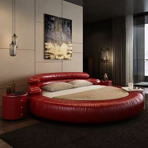 2025 Modern Latest Circle King Size Leather Cama de forma redonda barata con colchón Camas redondas baratas con luz nocturna - Product Image 3