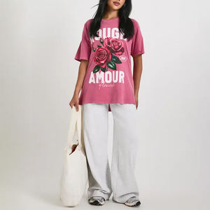 Camiseta de Algodón con Cuello Redondo Informal de Verano de Alta Calidad Personalizada OEM/OEM con Estampado Overdye Rouge Amour para Mujer - Product Image 3