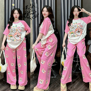 Costume décontracté transfrontalier femmes été dessin animé ours imprimé à manches courtes pantalon large pour étudiants réduction de l'âge deux pièces Fa - Product Image 3