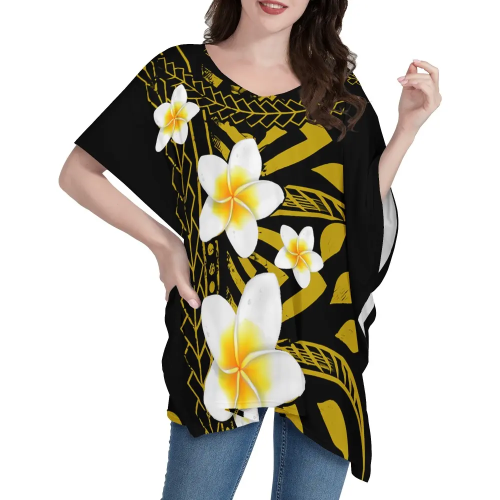Hot Selling Ladies Top Black Pullover Blouse V Neck Loose Top Custom Gold Polynesian Tribal Tattoos Poncho Women's Clothing