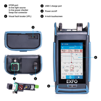 EXFO Mini AXS-120 OTDR pour accessoires de dernière mile 1310/1550nm 34/32dB avec vérificateur de puissance en ligne, source, VFL, IOLM, cartographie FTTH, GPRS, garantie 3 ans, alimentation CA