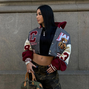 Herbst-Winter Damen Vielseitige Varsity-Jacke Kurz mit Kapuze Stehkragen Shearling-Knopfleiste Winddicht Amerikanischer Streetstyle <span class=keywords><strong>Patchwork</strong></span> - Product Image 1